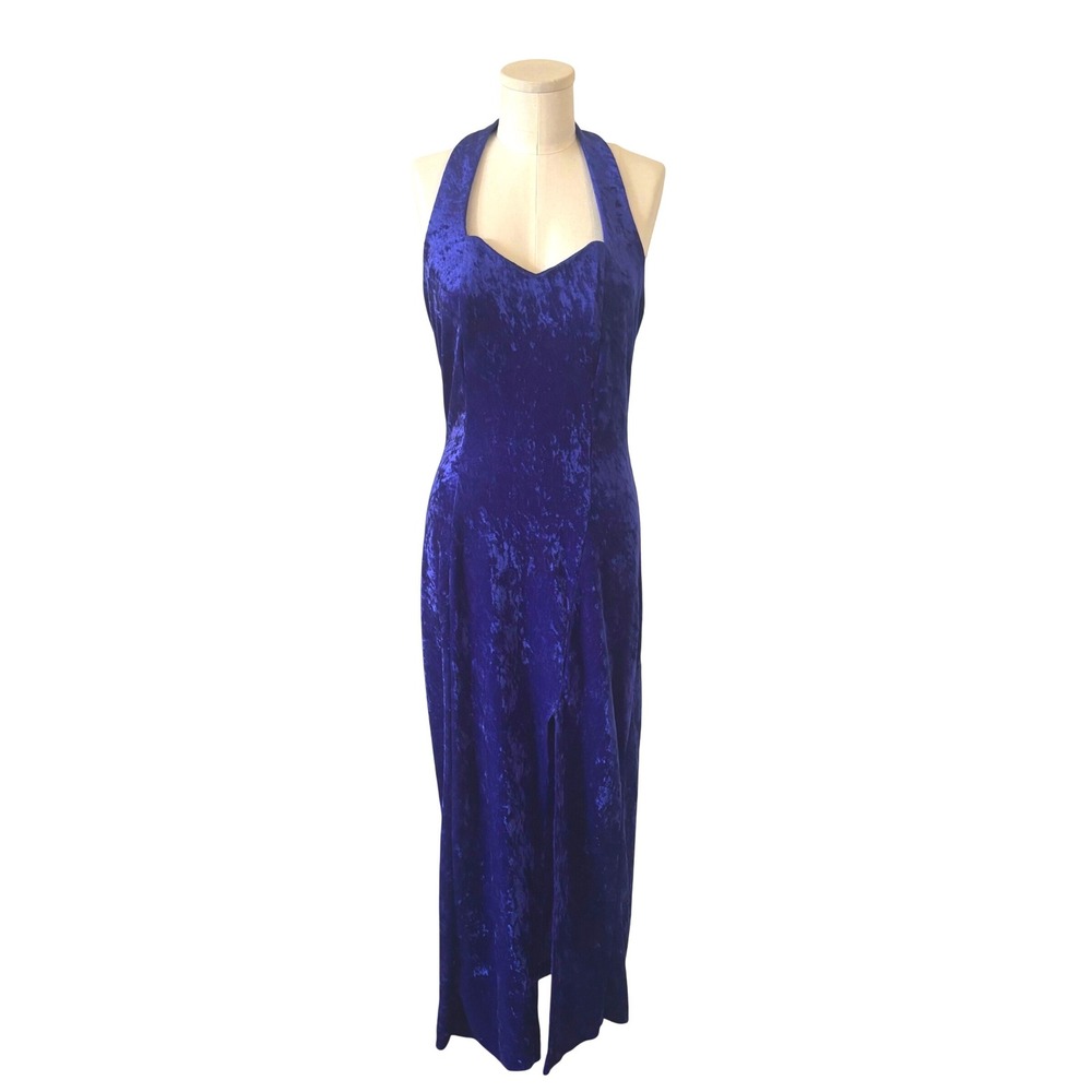 Vintage All That Jazz Royal Purple Crushed Velvet Halter Maxi Dress Slit Large